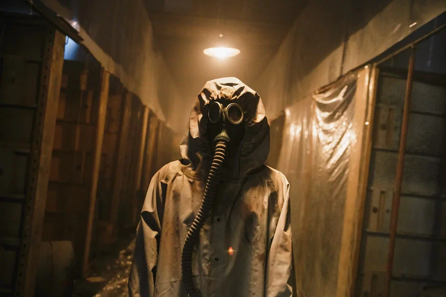 Character of the music video wearing a gasmask