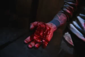 Hand full of fake injuries and fake blood